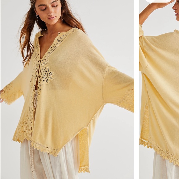 NEW FREE PEOPLE "Lydia" Lemon Tart Battenburg Lace Oversized Button Front Blouse - Picture 9 of 13